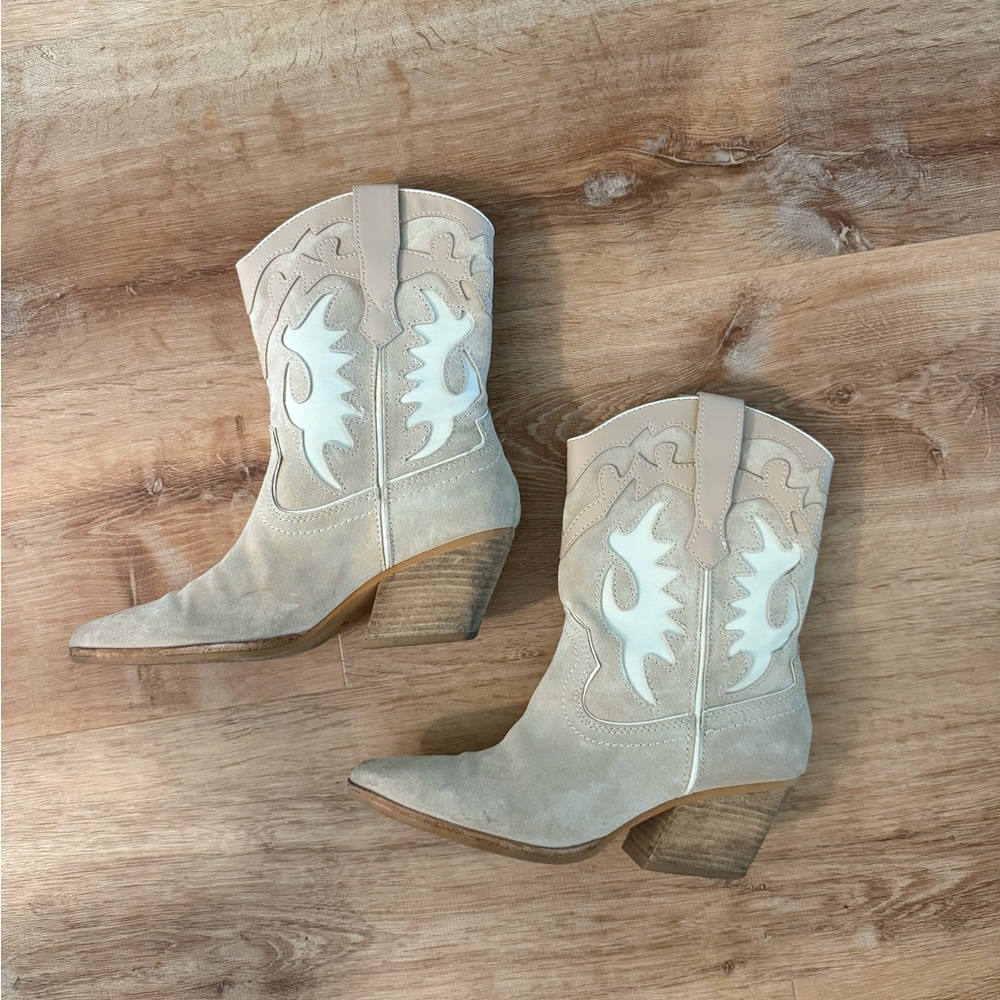 Dolce Vita Beige Suede Western Heeled Boots with White Accent